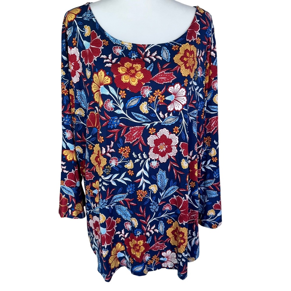 RUBY RD Women's 3X Navy Blue Red Yellow Floral 3/4 Sleeve Scoop Neck Knit Top